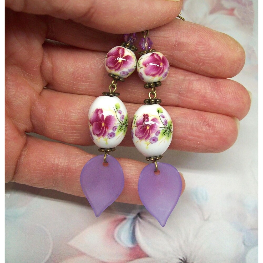 Vintage Style Art Deco Earrings, Long Porcelain Flower Drop Earrings, Artisan Cr